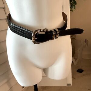Brighton Black Leather Belt w/ Mock Croc Imprint Wide Buckle Size Medium